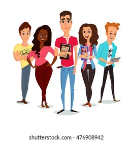 Vector group of students with books and gadget isolated on a white background. Different nationalities and dress styles. Cute and simple flat cartoon style. young guys and girls. students characters.