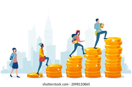 Vector of a group of students climbing up stairs made of coin piles. Education cost concept 