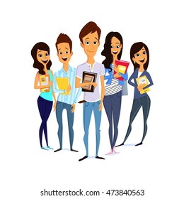 vector group of students isolated on white background.Cute and simple flat cartoon style Students Lifestyle. young characters.cheerful team of people standing with books. boys and girls. undergraduate