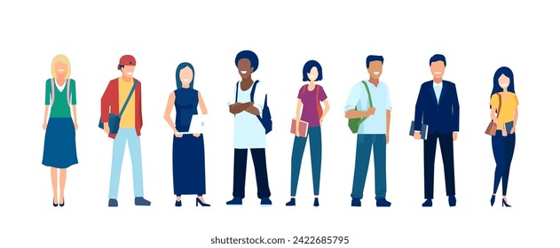 Vector of a group of students posing together, holding books and computers isolated on white background  