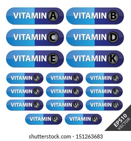 Vector : Group Of Vitamin Capsule With Vitamin A, B, B Complex  C, D, D Complex, E, K in Blue Capsule Isolated on White Background 