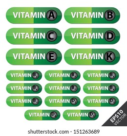 Vector : Group Of Vitamin Capsule With Vitamin A, B, B Complex  C, D, D Complex, E, K in Green Capsule Isolated on White Background 