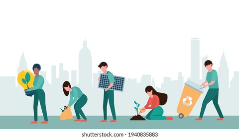Vector of a group of young people planting trees, collecting and recycling waste, using renewable energy sources 