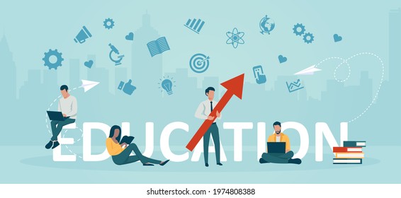 Vector of a group of young people students learning online, reading books 