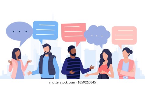 Vector of a group of young people talking with speech bubbles above heads