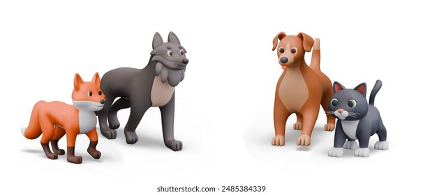 grupos de Vector de animales salvajes y domésticos. Criaturas realistas sobre fondo blanco