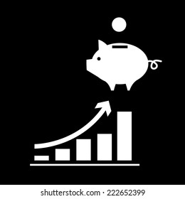vector growing graph with piggy money bank icon | modern white flat design pictogram isolated on black background