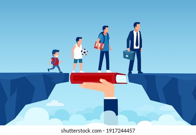Vector of a growing up man walking on a book bridging the gap to become a successful businessman 