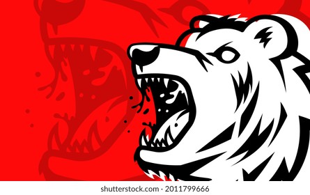Vector growling bear head logo on red background. Line art flat style design of angry white animal bear with open mouth and saliva