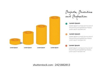Flechas de crecimiento vectorial infográficas, diagrama plano, gráfico lineal, presentación, gráfico de escaleras arriba. Rendimiento del negocio y concepto de éxito con 4 opciones, partes, pasos, procesos.
