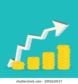 Vector growth concept in flat style  stack of golden coin and graph, Investment Success concept