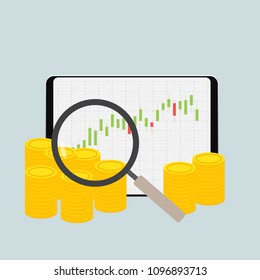 Vector growth concept in flat style  with graph on computer and money gold coin, Investment Success concept