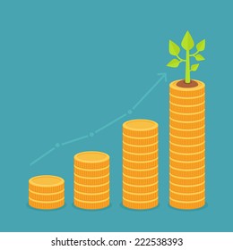 Vector growth concept in flat style - stack of golden coins and green small plant