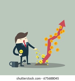 Vector growth concept in flat style happy business man watering idea lamp golden coins graph, Investment concept