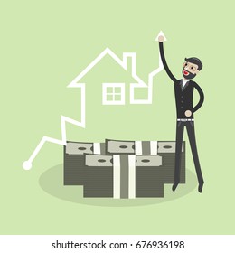 Vector growth concept in flat style happy business man jump to top of house graph, Investment concept