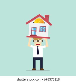 Vector growth concept in flat style -Business man hold house of golden coins a, Investment concept