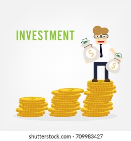Vector growth concept in flat style happy business man and stack of golden coins  Investment Success concept