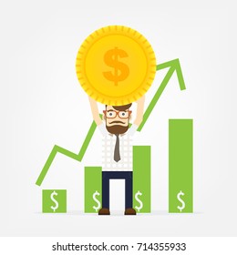 Vector growth concept in flat style happy business man stand of golden coins and with graph background, Investment concept