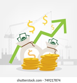 Vector growth concept in flat style - stack of golden coins and money bag with construction background,  Investment concept