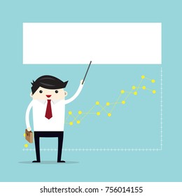 Vector growth concept in flat style happy business man stand with pointer  with graph background, Investment concept