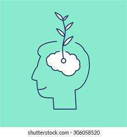 Vector Growth Mindset Skills Icon Growing Plant From The Brain | Modern Flat Design Soft Skills Linear Illustration And Infographic On Green Background