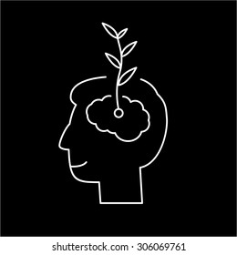 Vector Growth Mindset Skills Icon Growing Plant From The Brain | Modern Flat Design Soft Skills Linear Illustration And Infographic White On Black Background