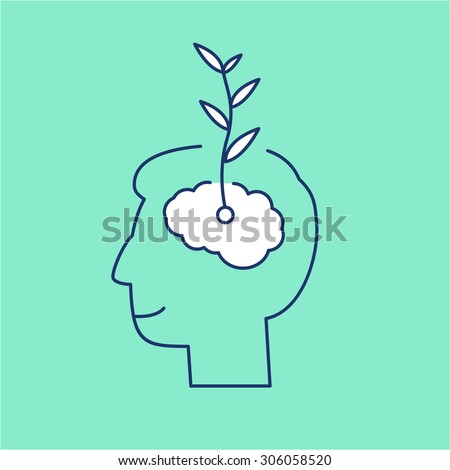 Vector growth mindset skills icon growing plant from the brain | modern flat design soft skills linear illustration and infographic on green background