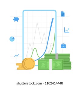 Vector growth, success concept in flat style with graph, business icons and money. Finance, money, market, chart, financial graph, trade analysis, economic invest concept. Business diagram graph chart
