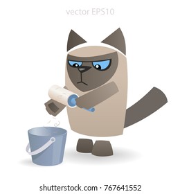 Vector grumpy cat cleans himself by blue adhesive lint roller over trash bin. Siamese breed kitty removes molting hairs from its skin by sticky cleaner. Simple geometric shapes allow for animation.