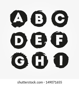 Vector grunge alphabet from A to I. Letters in round grunge frames isolated on white.
