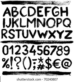 Vector grunge alphabet with letters, numbers and symbols.