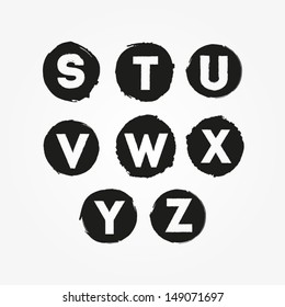 Vector grunge alphabet from S to Z. Letters in round grunge frames isolated on white.