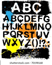 Vector grunge alphabet with splashes and brush strokes