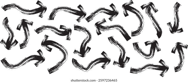 Vector Grunge Arrows Collection. Brush, marker drawn bold arrows set. Collection of hand drawn doodle thick arrows in different directions. Vector illustration