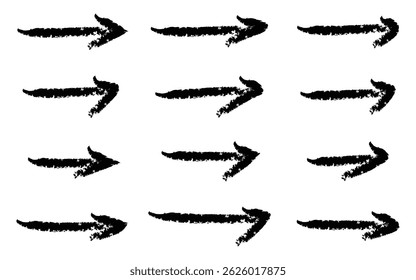 Colección de Vector Grunge Arrows. Colección de diferentes flechas gruesas de doodle dibujadas a mano, flechas, pincel, marcador dibujado conjunto de flechas en negrita. 