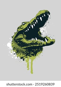 Vector grunge art of alligator head with artistic paint splashes and drips. Perfect for prints, apparel and emblems. High contrast grunge style. Fierce predator graphic captures raw power and danger.