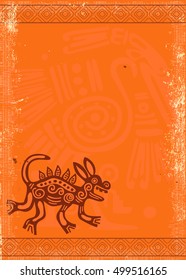 Fondo de grunge vectorial con patrones tradicionales indios americanos y textura de papel de color naranja