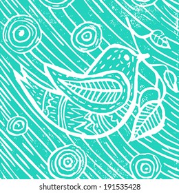 Vector grunge background with bird, leaves, stripes