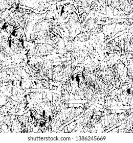 Vector grunge background. Black and white texture of chips, scratches, cracks. Surface scuffs and wear and tear. Monochrome pattern of destruction on the old wall
