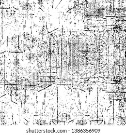Vector grunge background. Black and white texture of chips, scratches, cracks. Surface scuffs and wear and tear. Monochrome pattern of destruction on the old wall