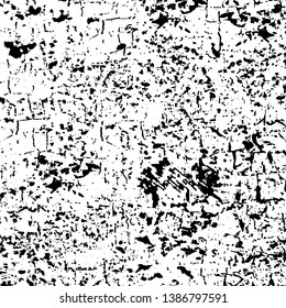 Vector grunge background. Black and white texture of chips, scratches, cracks. Surface scuffs and wear and tear. Monochrome pattern of destruction on the old wall