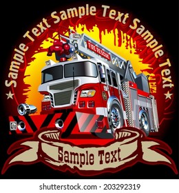 Vector Grunge background with Cartoon Fire Truck. Eps-10 separated by groups and layers for easy edit 