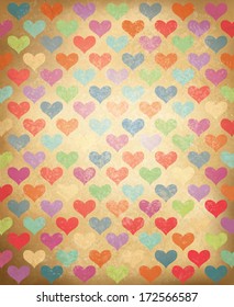Vector grunge background with colorful hearts pattern.