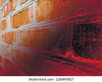 Vector grunge background, dark red gradient texture of an old smoldering brick wall. UHD 4K wallpaper. For screen, desktop, site design, overlay, stencil, banner, styling and polygraph. Red-hot brick