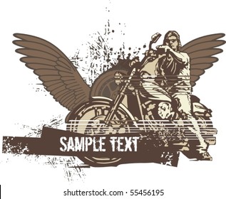 Vector grunge background with a hot rod motorcycle and a biker.