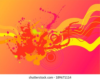 Vector grunge background with ink blots, waves and concentric circles