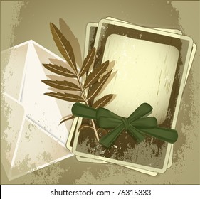 fondo de grunge vectorial con marcos de fotos antiguos atados con cinta verde, sobres y hoja