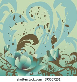 Vector grunge background with roses, twigs of leaves horizontal. Stylized flowers with branches and foliage curled in vintage pastel colors. Abstract floral illustration background