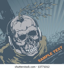 vector grunge background with skull DJ, vector illustration.