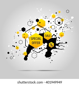 Vector grunge background with yellow geometric elements. Ink blots and hexagons.